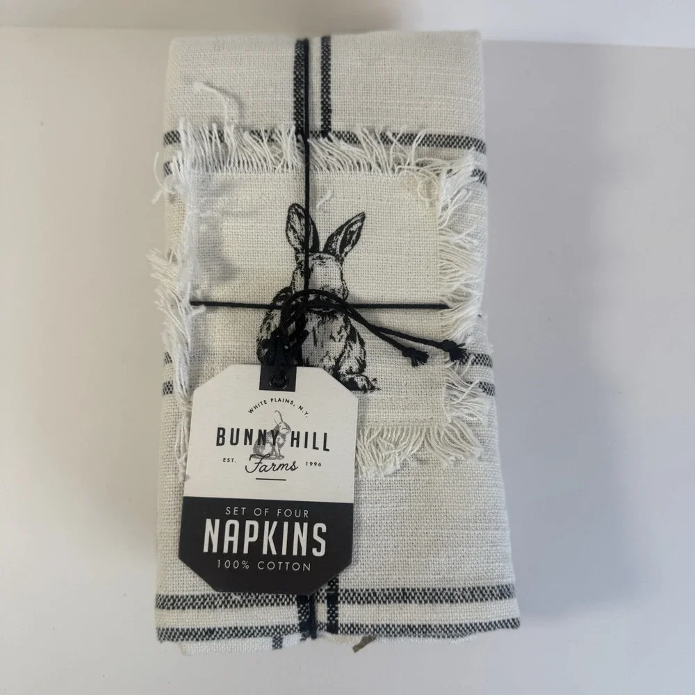 x4 BUNNY HILL FARMS NEW!!! EASTER Napkins‎ Fringe Cotton Plaid Cream Black CUTE!